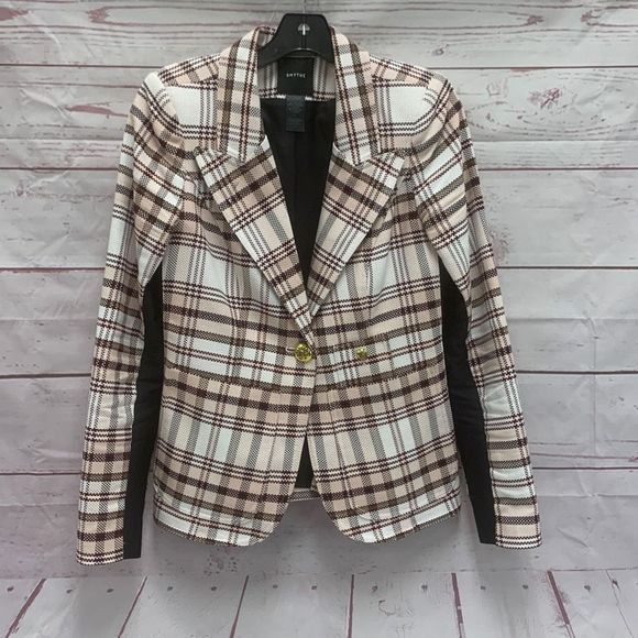 Smythe Jackets & Blazers - Smythe Patch Pocket Tuxedo Stripe Blazer Coat in Blush Plaid Black Size 8 Luxury